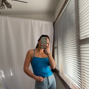 Blue tie back square neck crop top